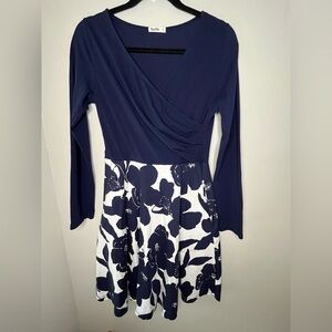 Yeslife Navy Blue & White Long Sleeve Floral Dress Women’s Size Large